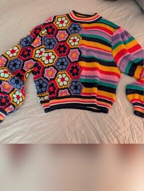 ​NWT Farm Rio Flower Stripe Crochet Sweater Mixed Media Balloon Sleeve XS